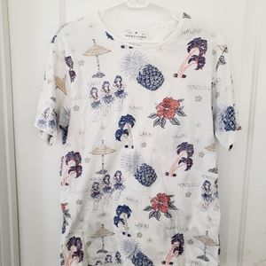Denim & Flower white tee w/Hawaiian print sz L